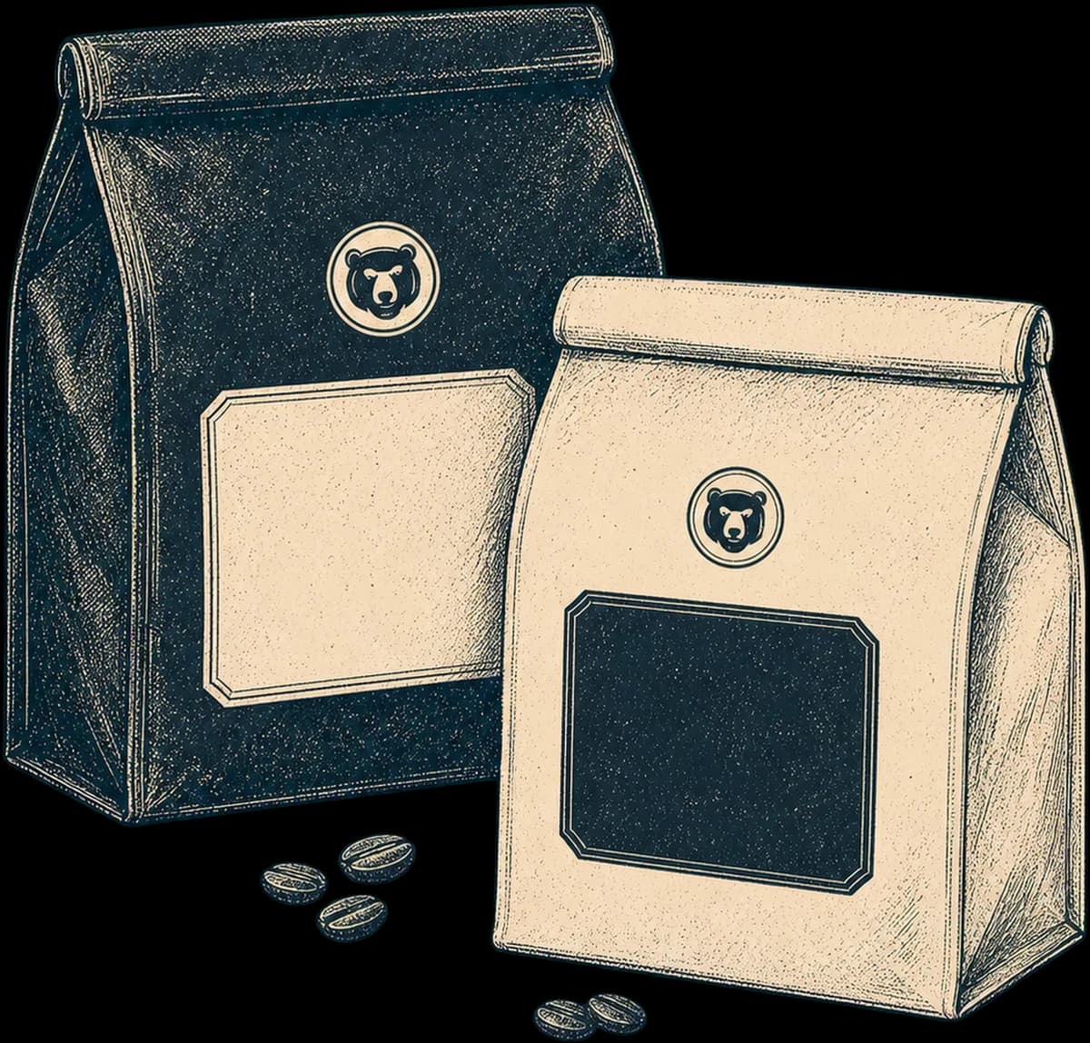 Two engraved coffee bags with blank labels, beans spilled beside them