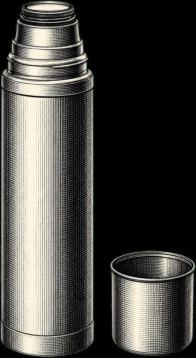 A vacuum flask with its cup-lid set beside it