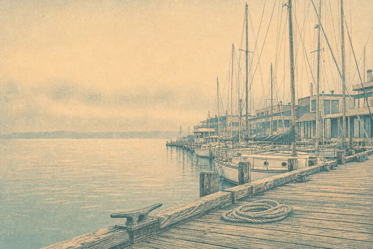 The Lido Marina boardwalk under the marine layer