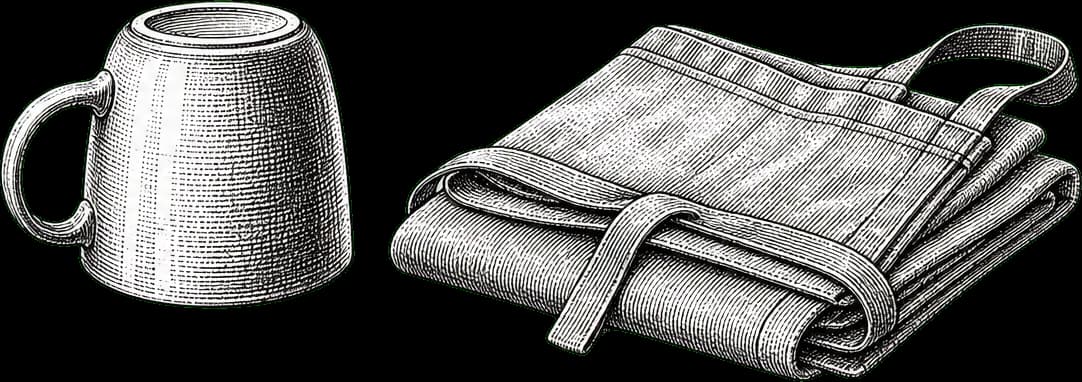 An upturned mug beside a folded apron