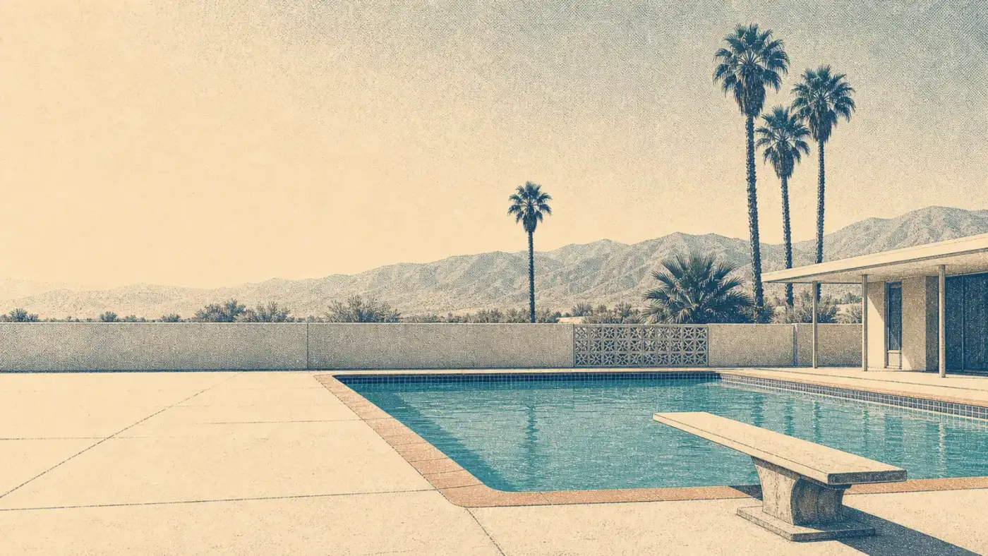 A hand-inked Palm Springs motel pool with a diving board, palms, and mountains beyond