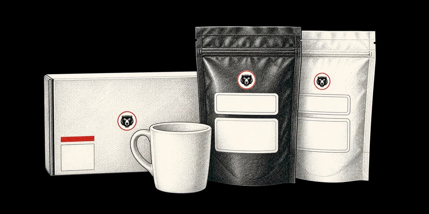 Hand-inked Bear State subscription kit — shipping box, mug, and two coffee bags with the bear roundel